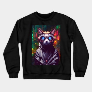 Techno Cat In Japan Neon City Crewneck Sweatshirt